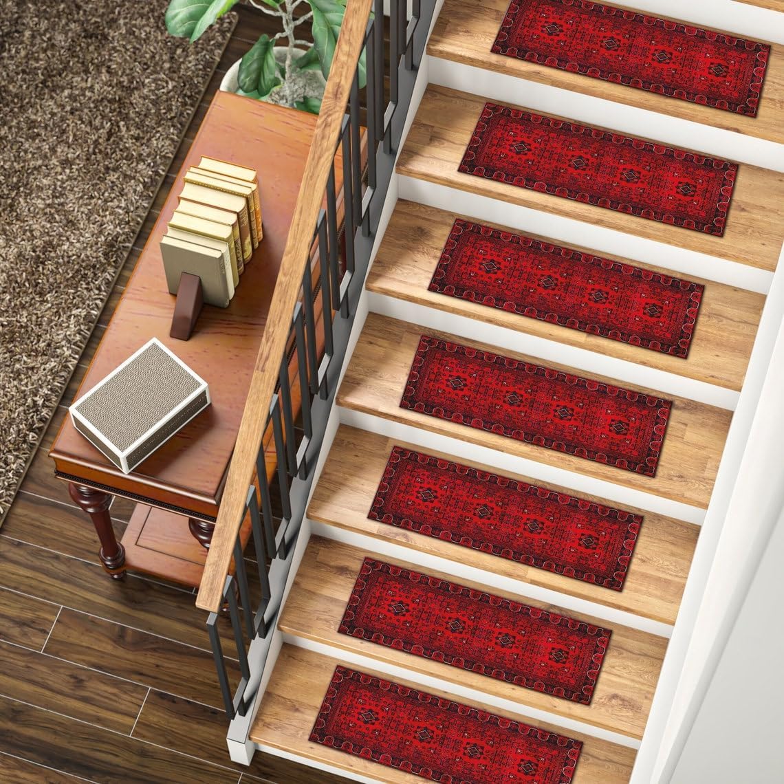 Set of 15 Turkish Style Stair Treads Staircase Red Irregular Shape Pattern Non-Slip Carpet Mat Indoor Stair Rugs Stair Runners for Wooden Steps for Kids Elder and Pet