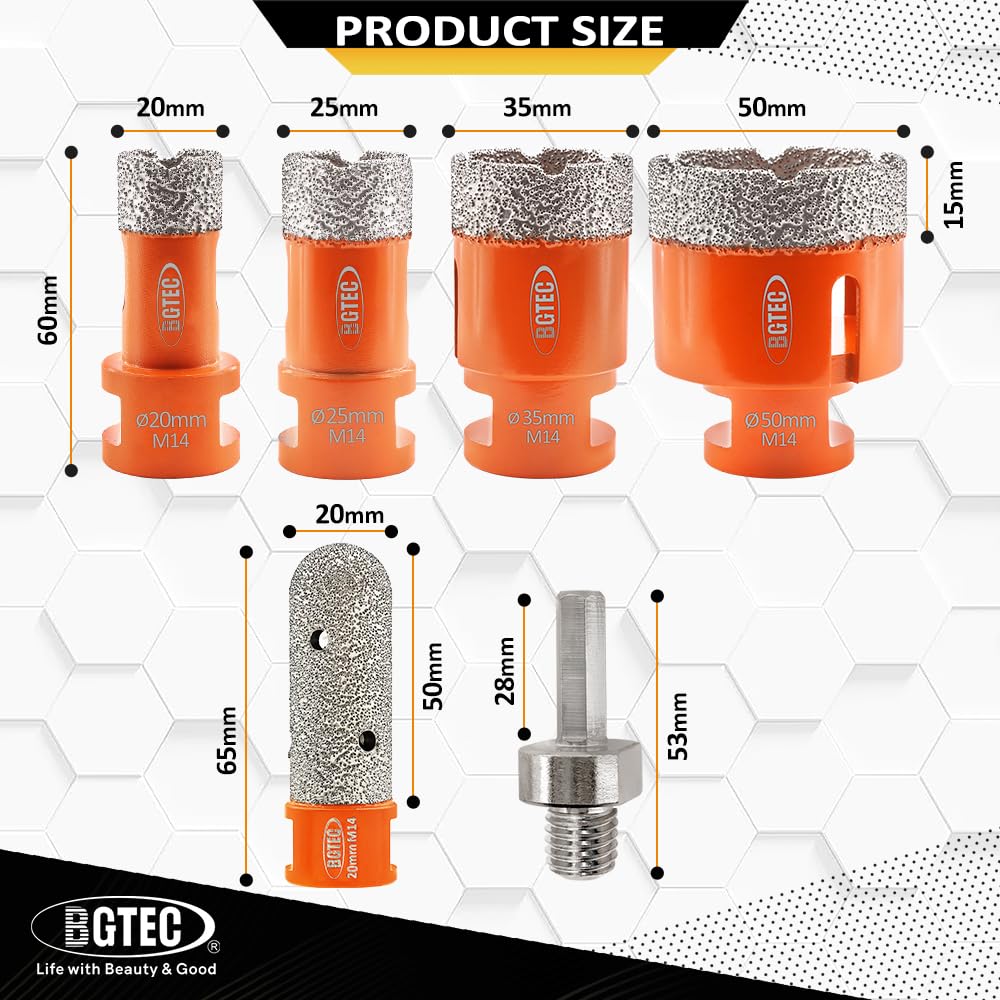 BGTEC Zestaw diamentowych wierteł do płytek – 6 sztuk (20/25/35/50 mm + 20 mm wiertło palcowe + adapter sześciokątny) z gwintem M14 do porcelany, ceramiki, płytek, granitu, marmuru, muru, kamienia
