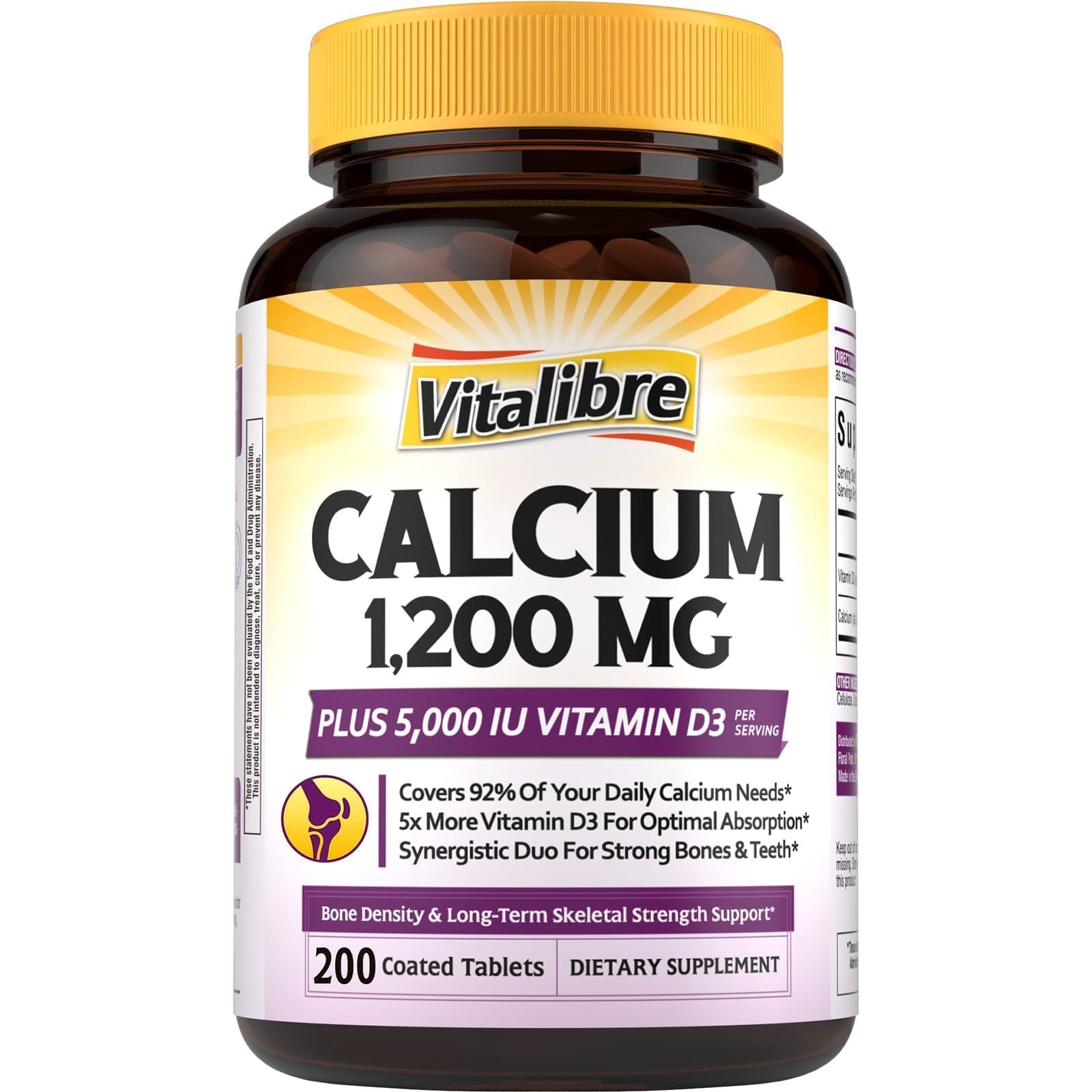 Vitalibre Calcium Supplements for Women 1200mg with Vitamin D3 5000IU 200 Count (Pack of 1)