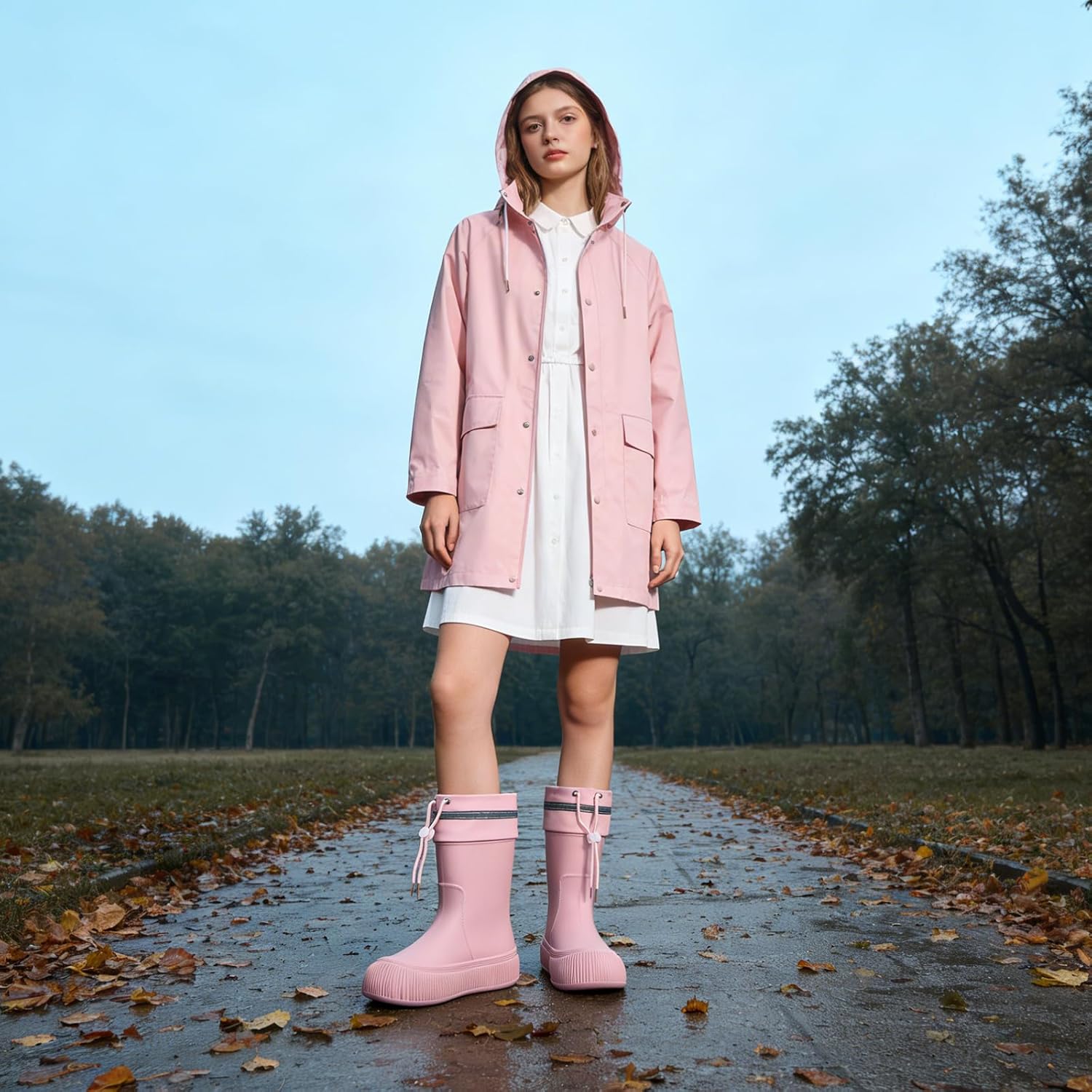 Women's EVA Flat Ankle Rain Boots Comfort Round Big Toed Pull on Drawstring Water Proof Anti-slip Mid-calf Garden Work Boots