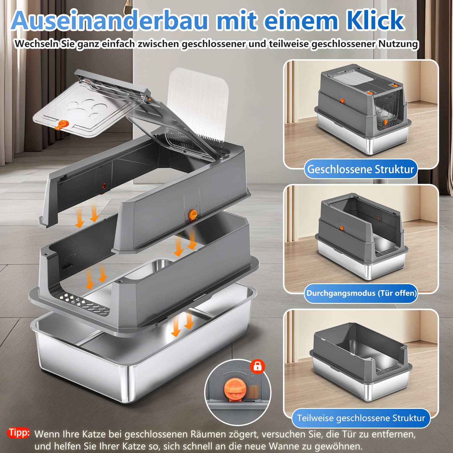 Edelstahl Katzenklo mit Deckel, 155° Klappdeckel XL Katzentoilette, Geschlossene Metall-Klobox inkl. Matte & Schaufel, Hohe Wände, Auslaufsicher, Front- & Deckel-Einstieg