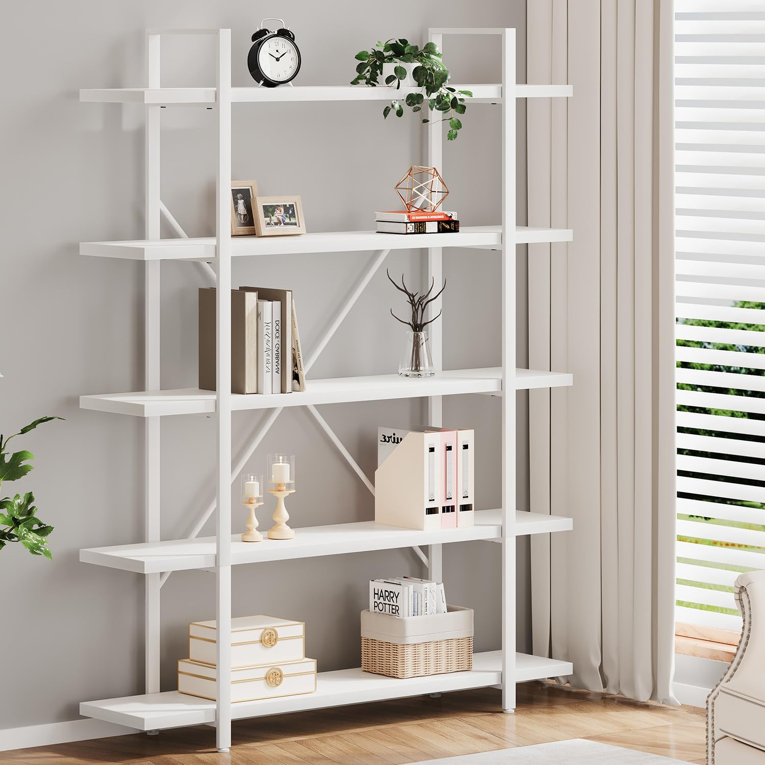 HSH 5 Tier Tall White Bookshelf, Metal and Wood Storage Book Shelves for Bedroom Living Room Office, Modern Large White Bookcases and Bookshelves 5