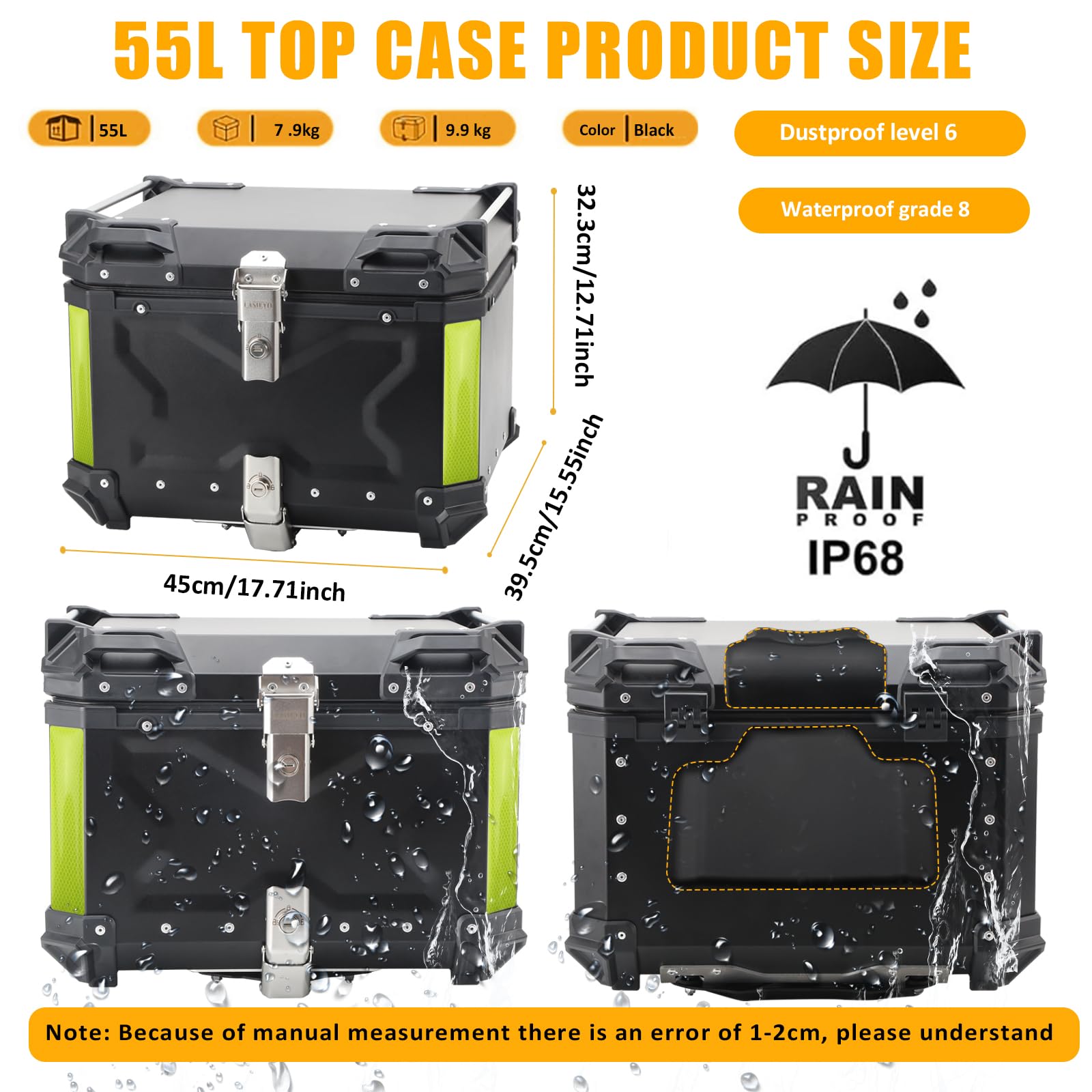 Topcase Mallette arrière universelle en alliage d'aluminium avec doublure en cuir, étui supérieur amovible imperméable pour moto avec dossier et kit de montage