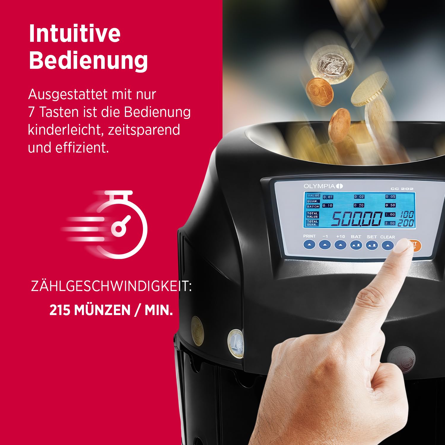 OLYMPIA CC 202 Münzsortierer | Geldzählmaschine für Münzen | Münzzähler & Sortierer für Euro-Münzen | Elektronischer Kleingeld Zähler mit LCD-Display | Zählmaschine mit Additionsfunktion & Bündelung