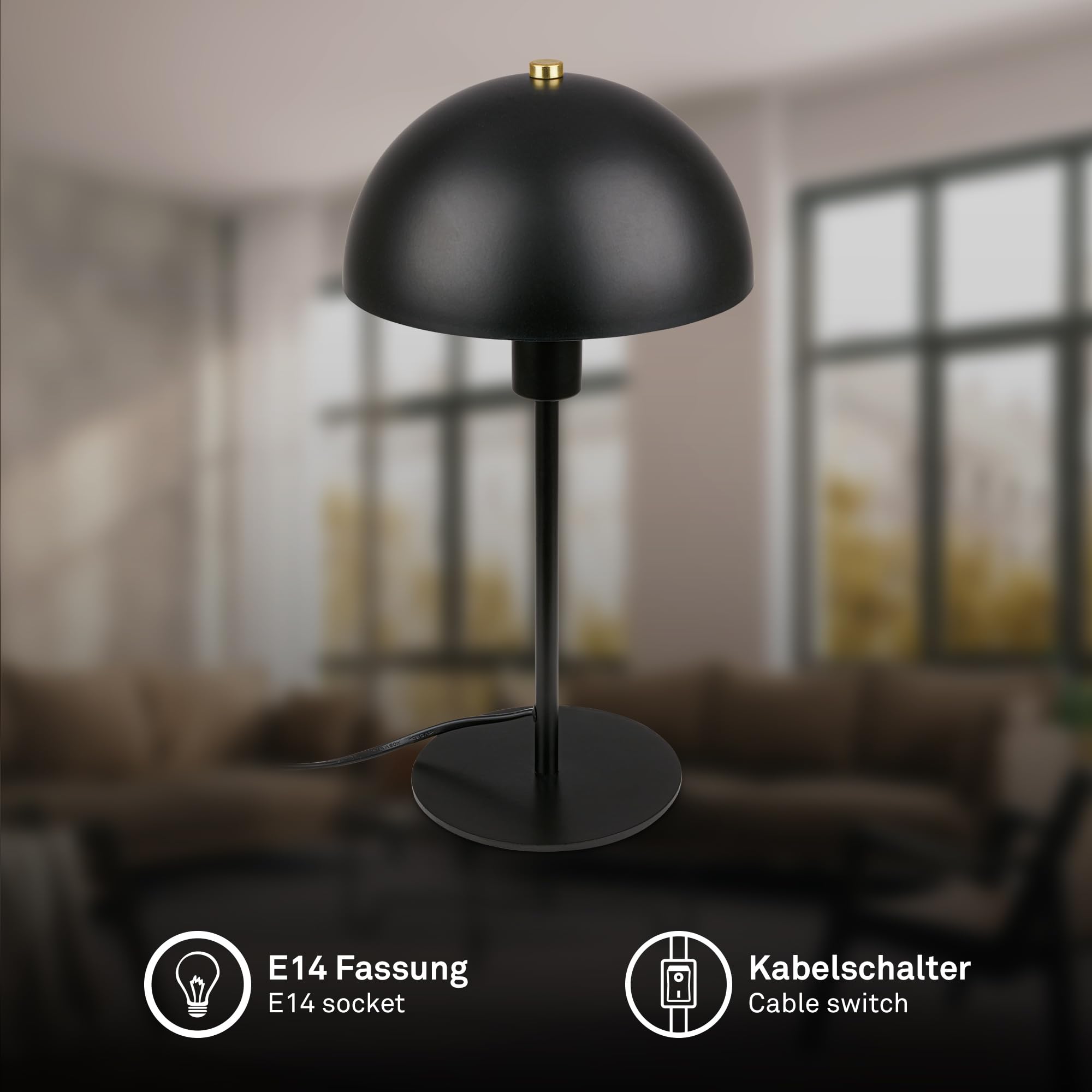 BRILONER - Lampka nocna z przełącznikiem kablowym, oprawka E14, lampa stołowa, lampa biurkowa, lampa biurowa, lampka do czytania, 18 x 35 cm (śr. x wys.), czarna