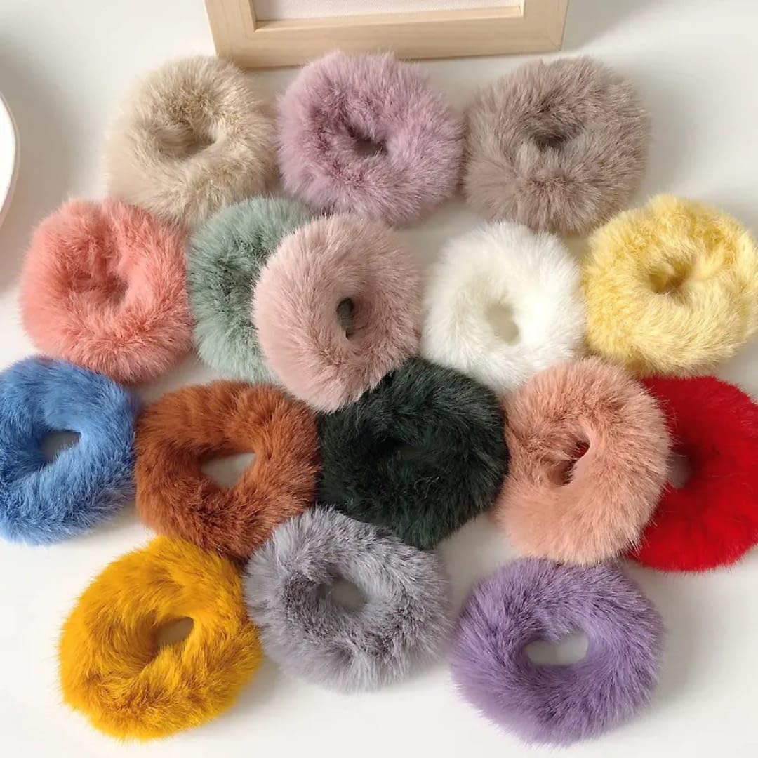 H-STYLE STORE Candy Color Rabbit Fur Scrunchie Plush Hair Ties, Ponytail Rubber Band for Ladies or Girls(6PCS, MULTICOLOUR)-image-47