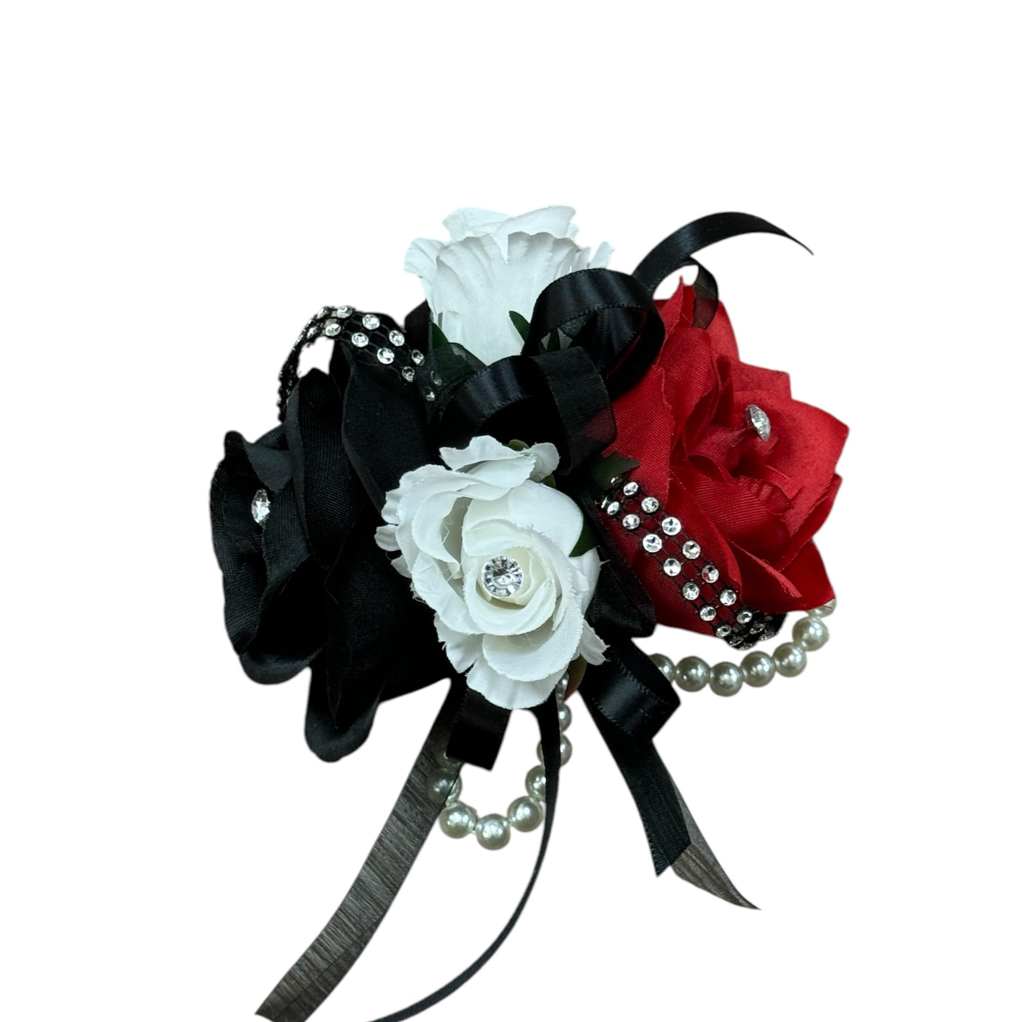 Angel Isabella Wrist Corsage - Black, White and Red Roses