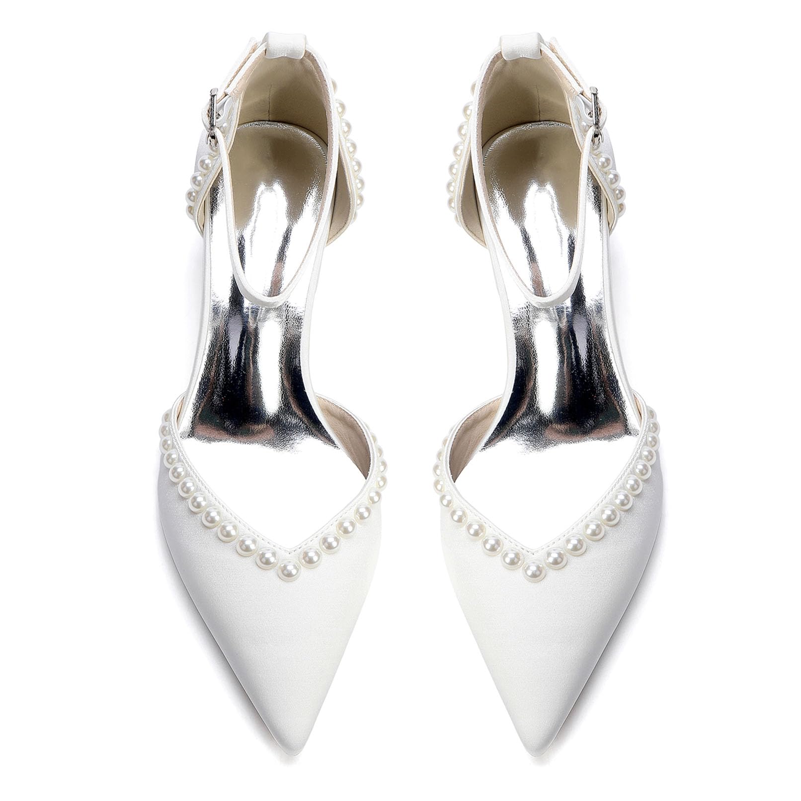 Générique Femme Talon Bloc Moyen Chaussures De Mariage pour Mariée Bride À La Cheville Escarpins De Robe avec Perlé Bout Pointu Satin Chaussures De Soirée, Fête, Bal
