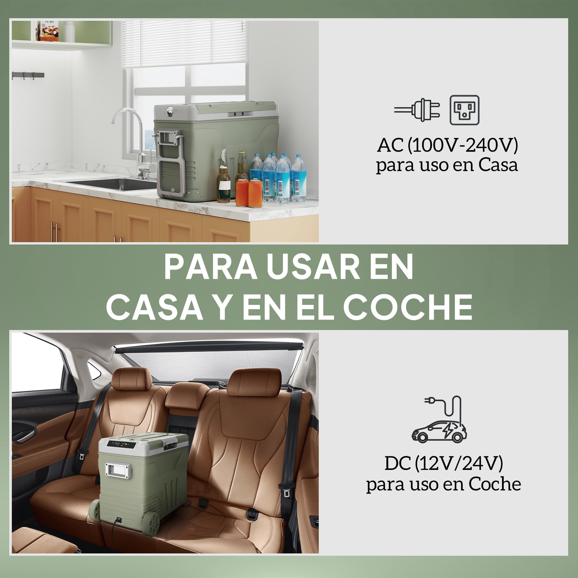 Outsunny Nevera Portátil Eléctrica 45L 12V/24V 64,5x43,5x53 cm Verde | Refrigerador de Coche, -20℃ a +20℃, Mini Frigorífico, con Ruedas, Compresor, Pantalla LED Táctil, para Camping Viajes