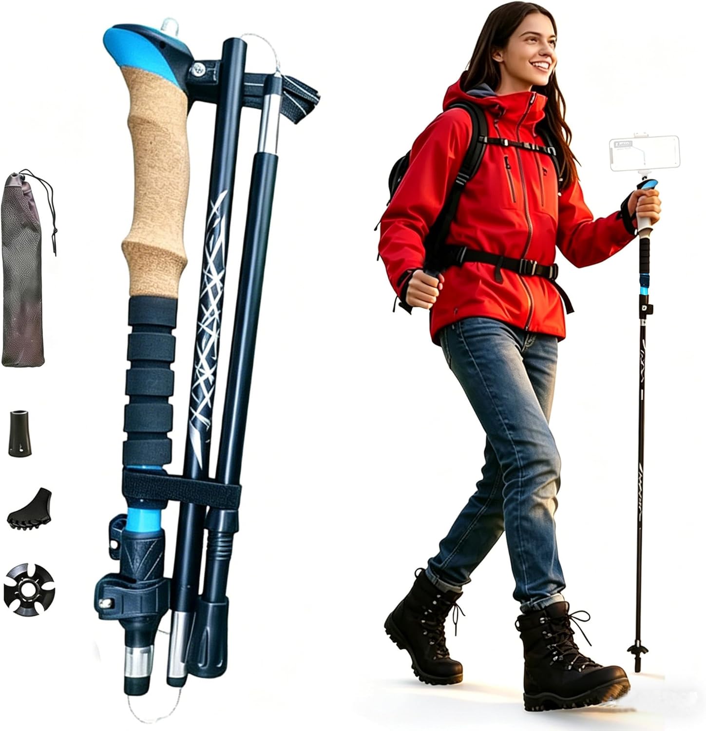Camera Mount Foldable Hiking Poles for Women - Tri-fold Compact Design, 1/4" Screw Thread, Lightweight Adjustable 45-54" with Cork Grip