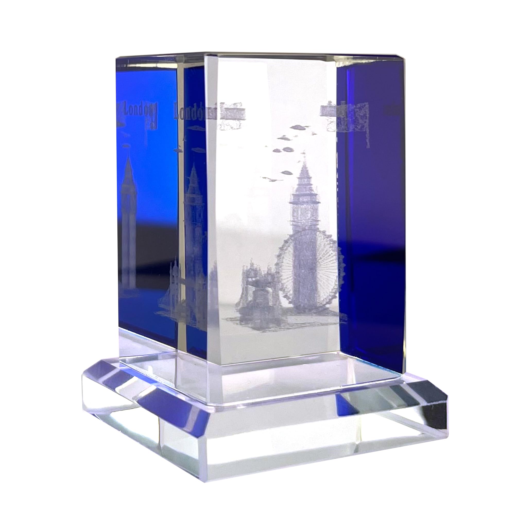 LILAJ 3D Laser Engraved Skyline Crystal Art Blue Tinted Glass Ornament Featuring Iconic London Landmarks Big Ben Tower Bridge & London Eye – Perfect Home Decor, Collectible British Souvenir