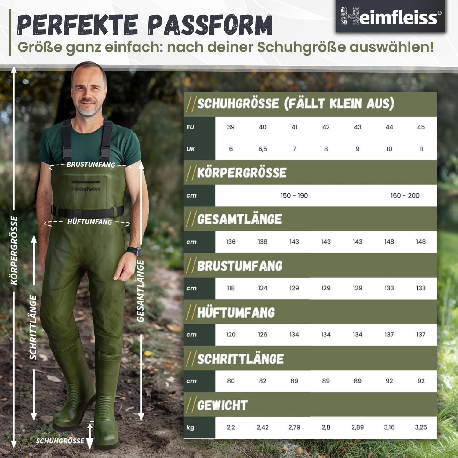 Heimfleiss® Wathose Herren Wasserdicht mit Stiefel | Unisex Nylon Anglerhose inkl. Zubehör | rutschfeste Fischerhose zum Angeln oder zur Teichreinigung | Wader Watthose Teichhose Angelhose