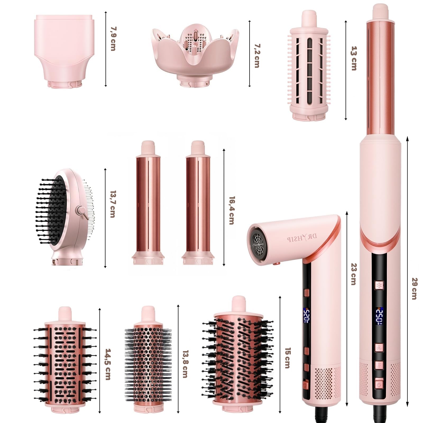 Coiffeur 9 en 1 haute vitesse à air chaud avec affichage numérique de la température, technologie ionique, 3 réglages de chaleur/froid, léger pour cheveux bouclés, raides, ondulés, salon et