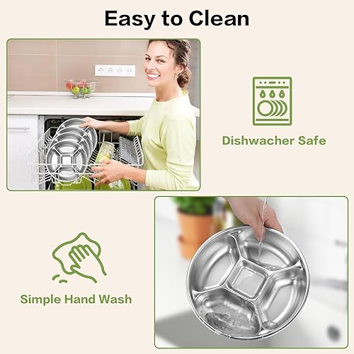 Miniatura 5 de Plato de cena dividido de acero inoxidable de 8.5 pulgadas, plato reutilizable de control de porciones, platos separados de metal, bandeja para