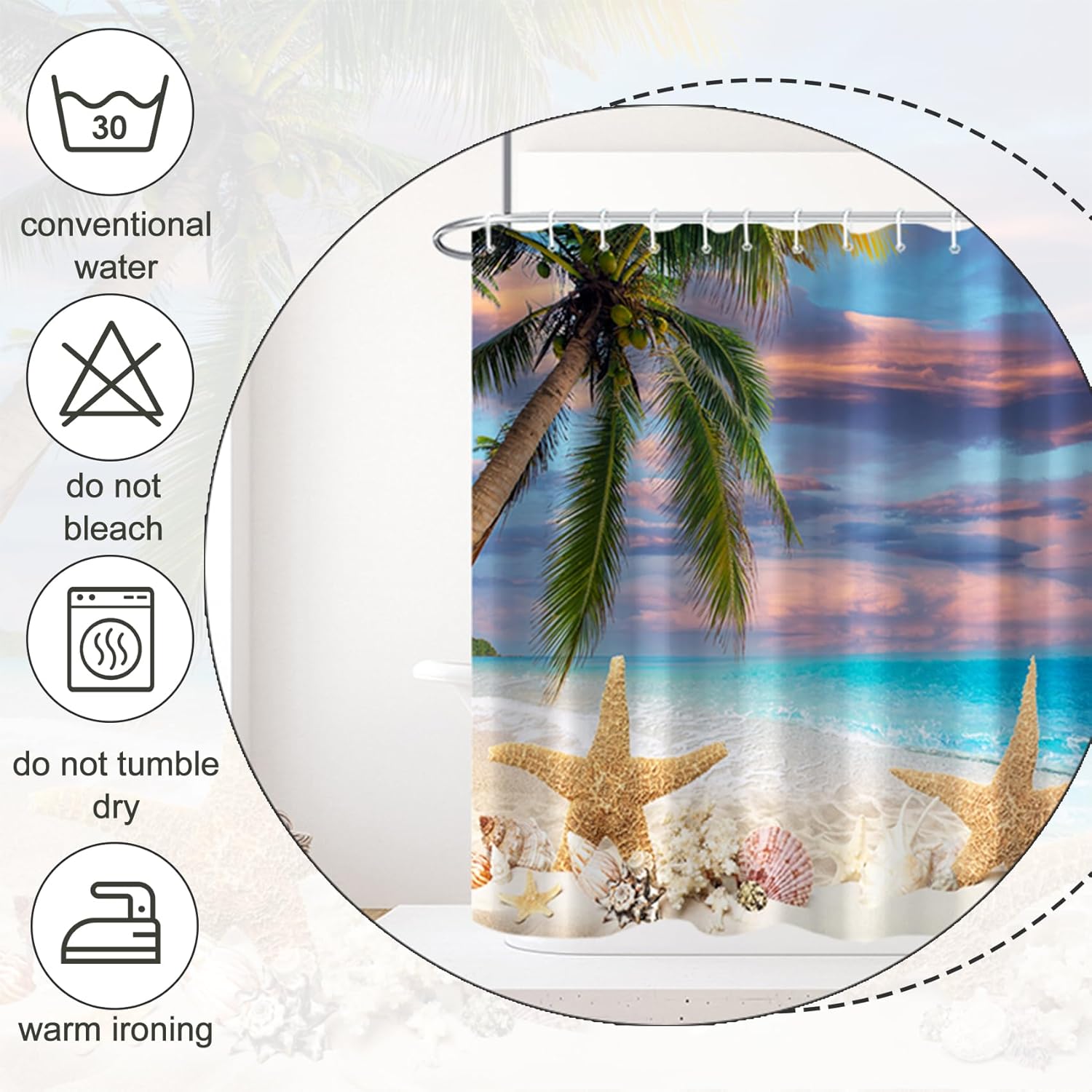 Ocean Beach Shower Curtain with Shells Starfish Summer Tropical Plam Shower Curtain for Bathroom Waterproof Fabric Bathtub Decor with 12 Hooks 72x72 inch Gradual Sunset