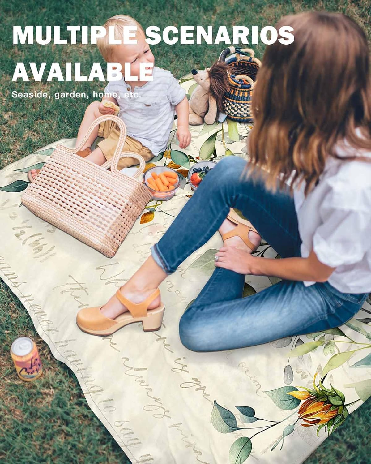 Watercolor Blossom Sunflower Leaves Beach Blanket Waterproof Sandproof Outdoor Picnic Mat 95"x80" Plant on Retro Letter Back Lightweight Large Beach Blankets with 4 Stake & 4 Corner Pockets