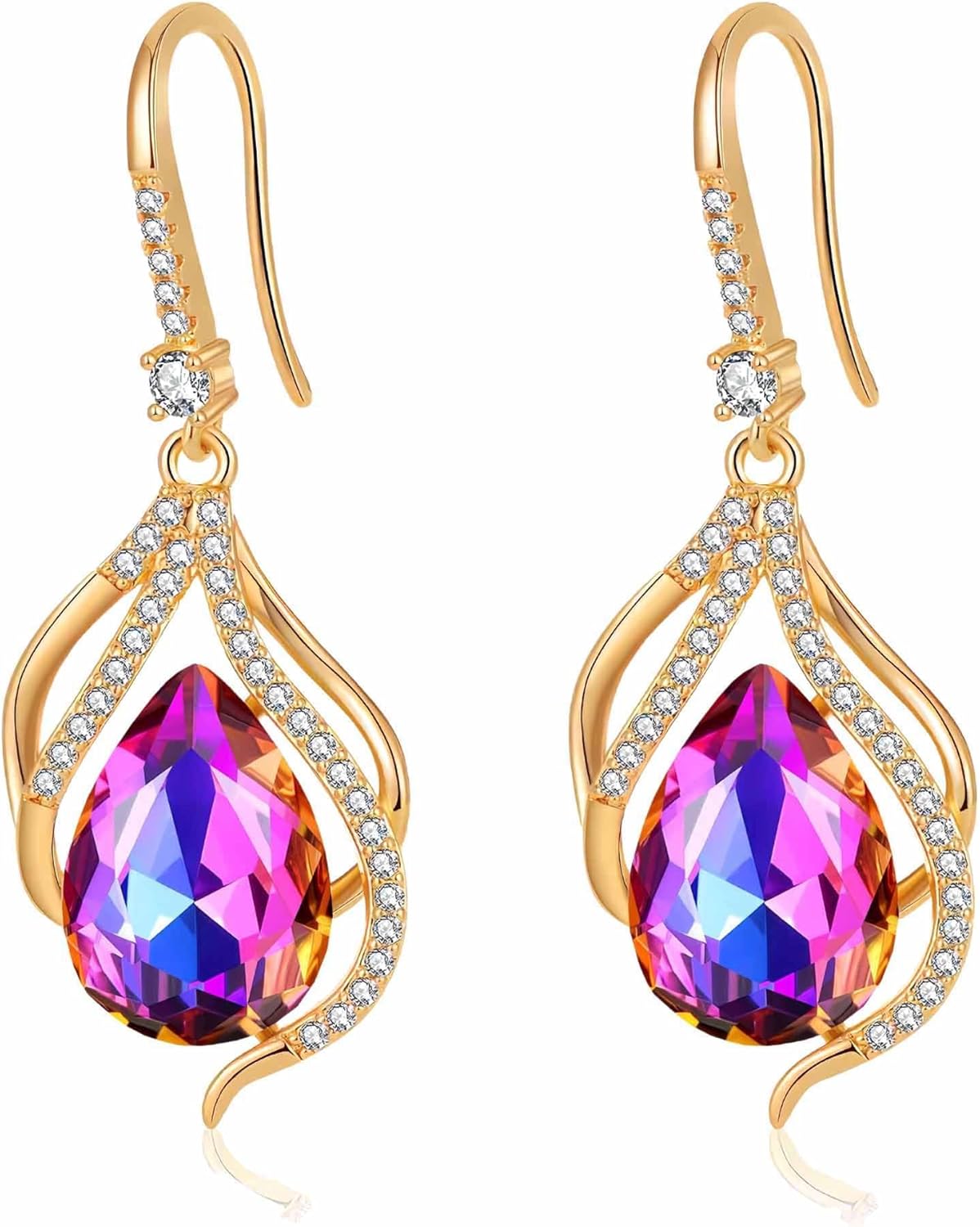 Austrian Crystal Hollow Teardrop Halo Drop Twisted Dangle Earrings for Women 14K Rose Gold Plated Hypoallergenic Jewelry