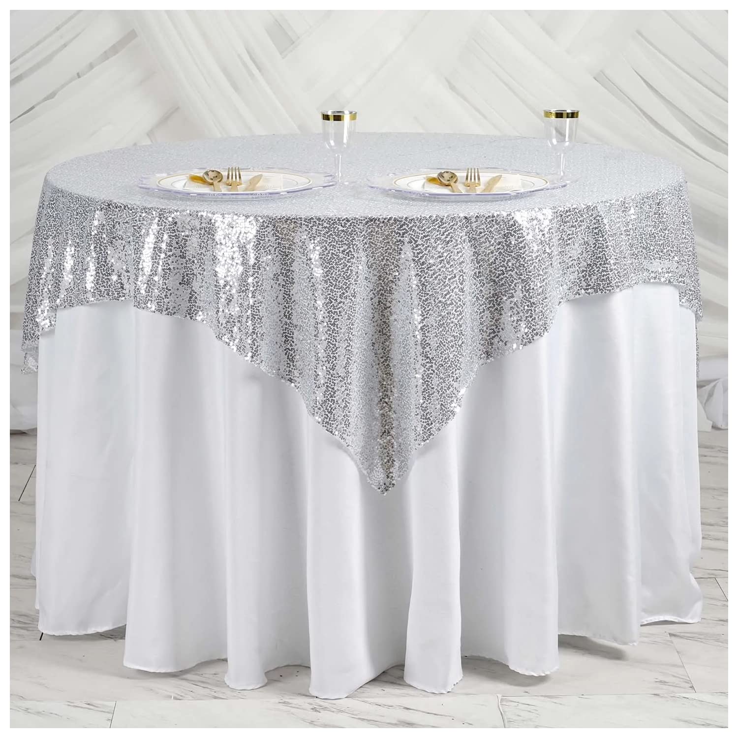 Trimming Shop 50 x 80 Inch Silver Sequin Rectangle Table Cloth Overlay Sparkly Shiny Linen Glitter Tablecloth for Wedding Birthday Party Christmas Banquets Dining Decoration Event, 10pcs