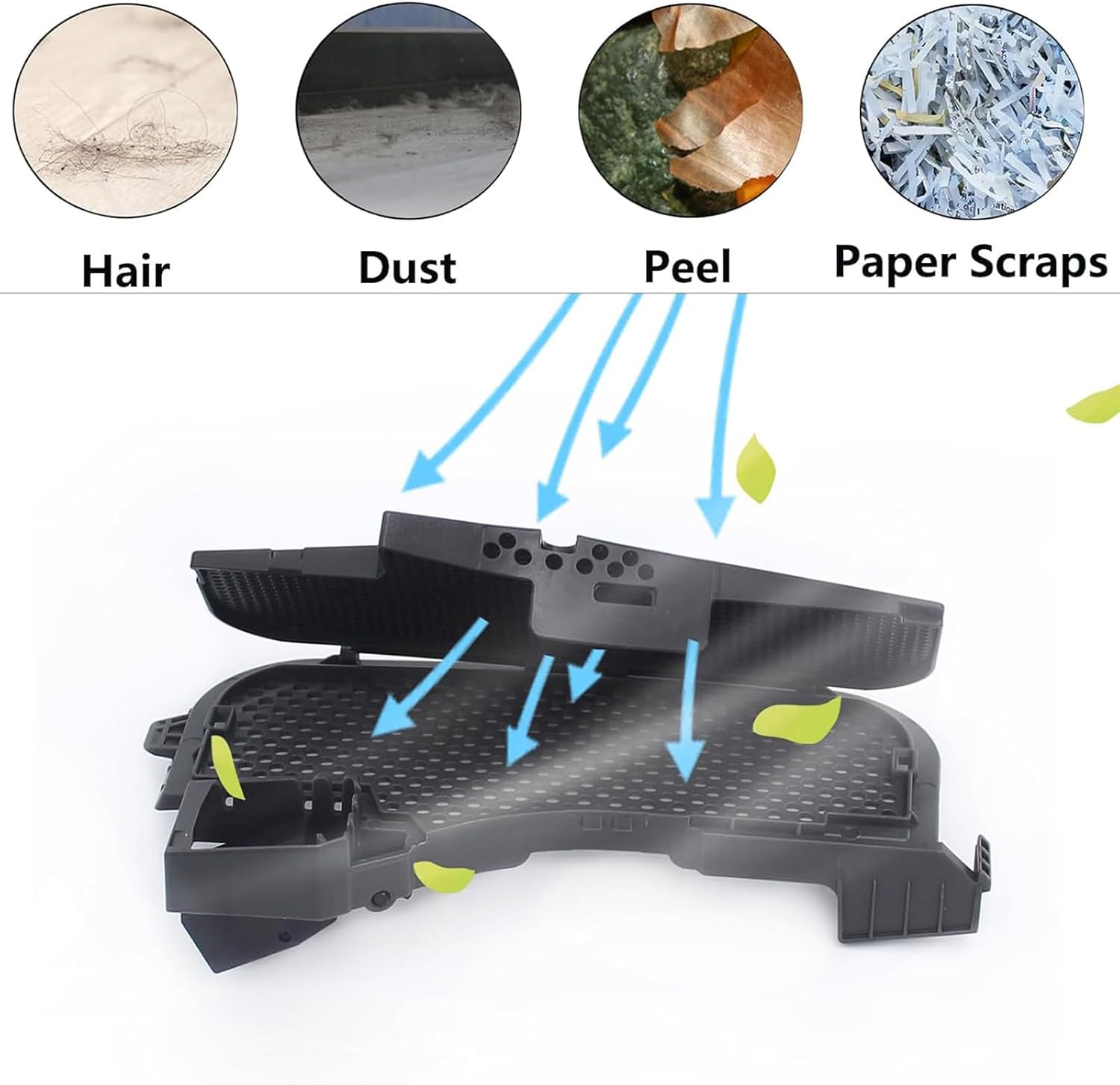 Diagram illustrating the filter's ability to capture hair, dust, peel, and paper scraps.