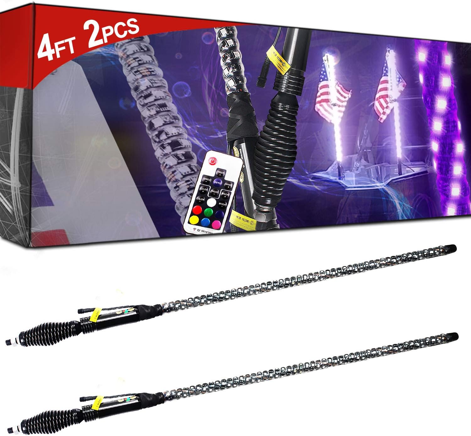ATV Whip Light - 2pc 4ft Led Whip Light with Heavy Duty Spring Base Chasing Light RF Remote Control Lighted Antenna Whips for Can am ATV UTV Snow Mobile Offroad Truck