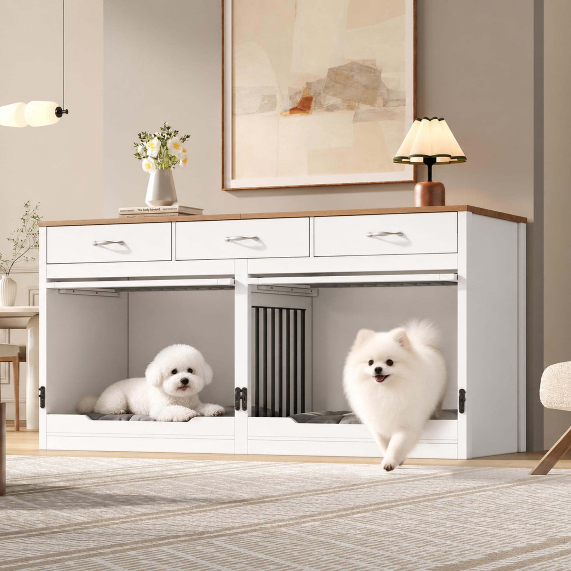 Mrwoo Hundebox Hundekäfig Möbel mit 3 Schubladen, Innen-Hundehütte mit Klappdeckel und Abnehmbare Trennwand Luxus Hundevilla, als Beistelltisch für Wohnzimmer, Holz & Metall, Natural+White, 164×60×81