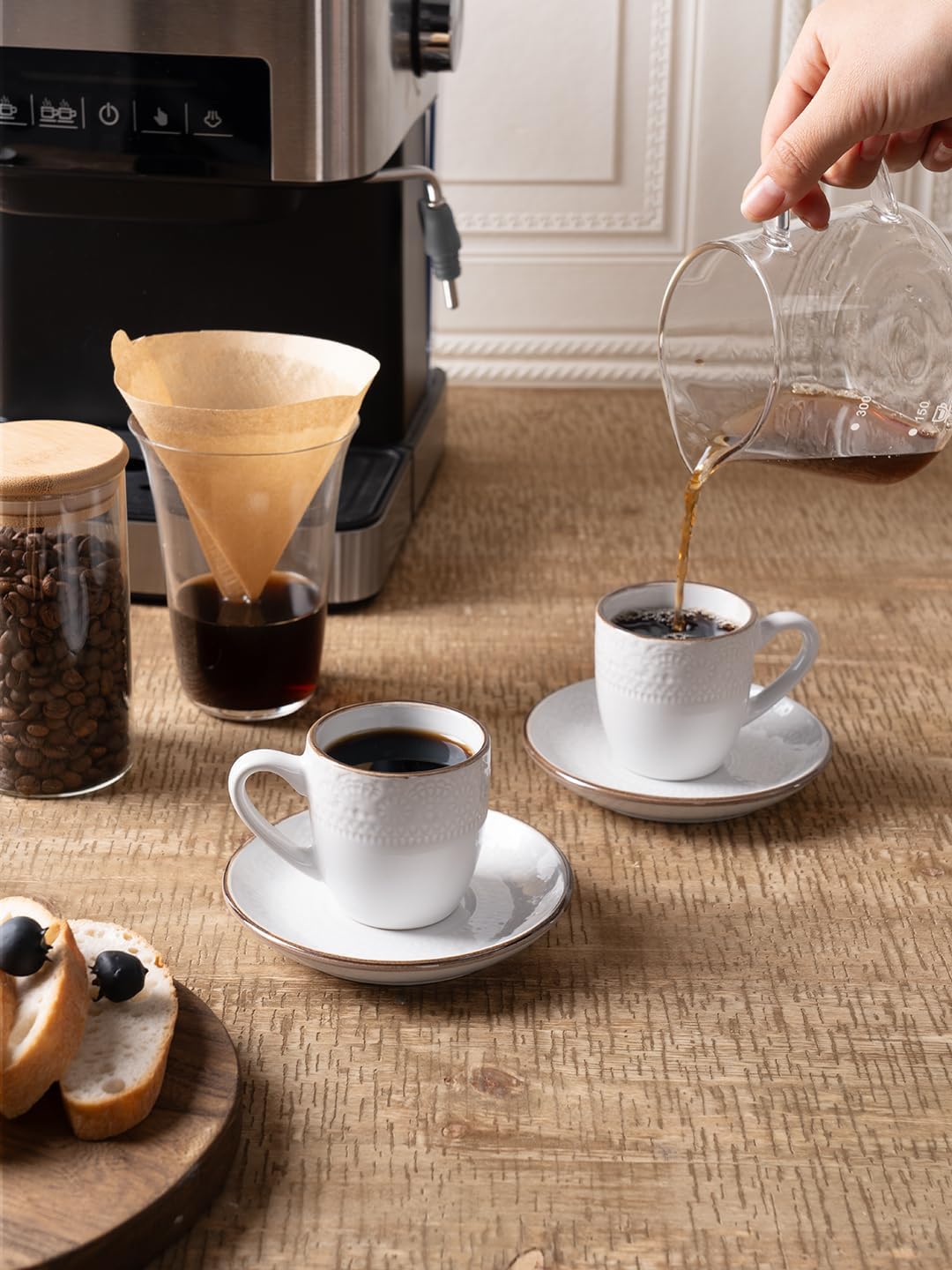 famiware 14 oz Coffee Mug Set of 6 and 3 oz Espresso Cups and Saucers Set of 4, White Flower