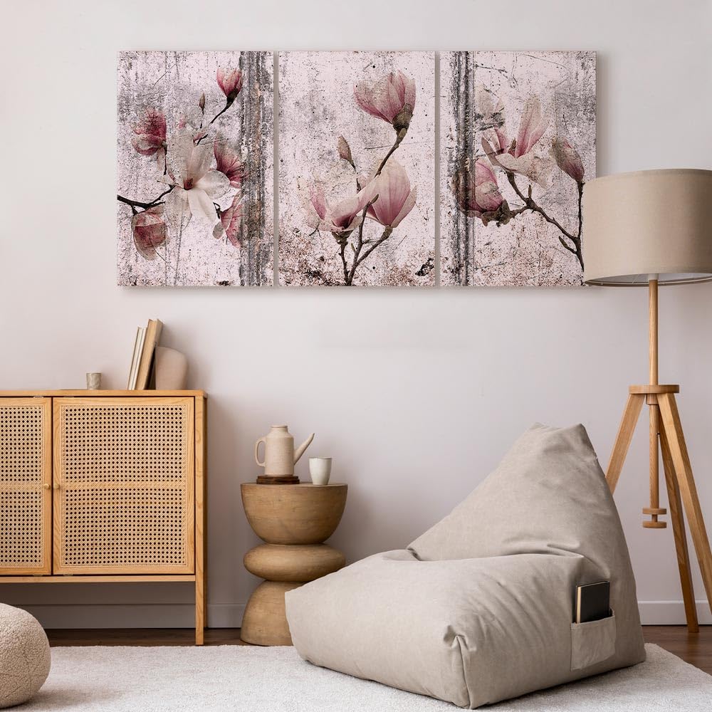 murando - Tableau triptyque mural Ensemble 180x90 cm (3 pièces de 60x90 cm chacune) – Impression sur toile avec cadre pour salon et chambre - Fleurs de magnolia sur bois vintage b-C-0374-b-q