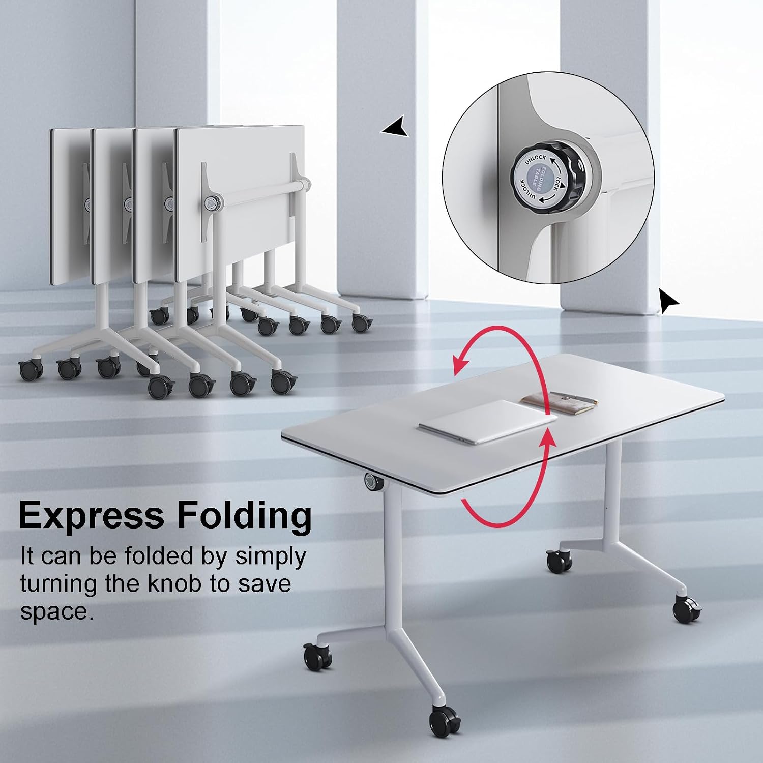 Folding Conference Room Table,Modern Flip Top Mobile Training Table with Strong Metal Frame Silent Wheels Waterproof Desktop for Office Conference Classroom Foldable Meeting Table (4pack 63in)