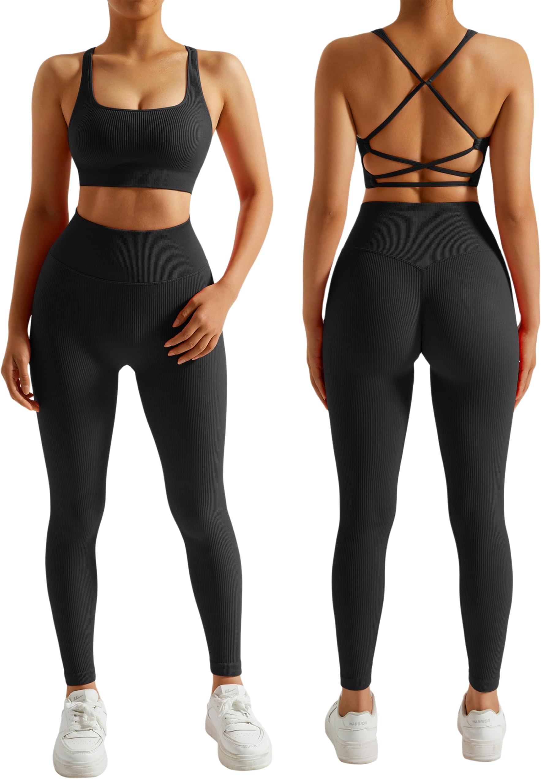 RXRXCOCO Ribbed Workout Sets for Women 2 Pieces Backless Strap Sports Bra Seamless Leggings Matching Set Yoga Outfits, #004 Black, M