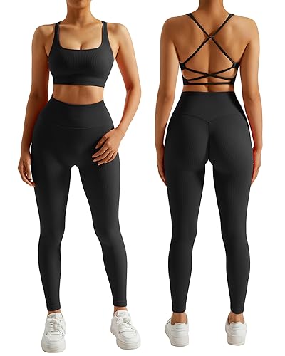 Ribbed Workout Sets for Women 2 Piece Backless Strappy Sports