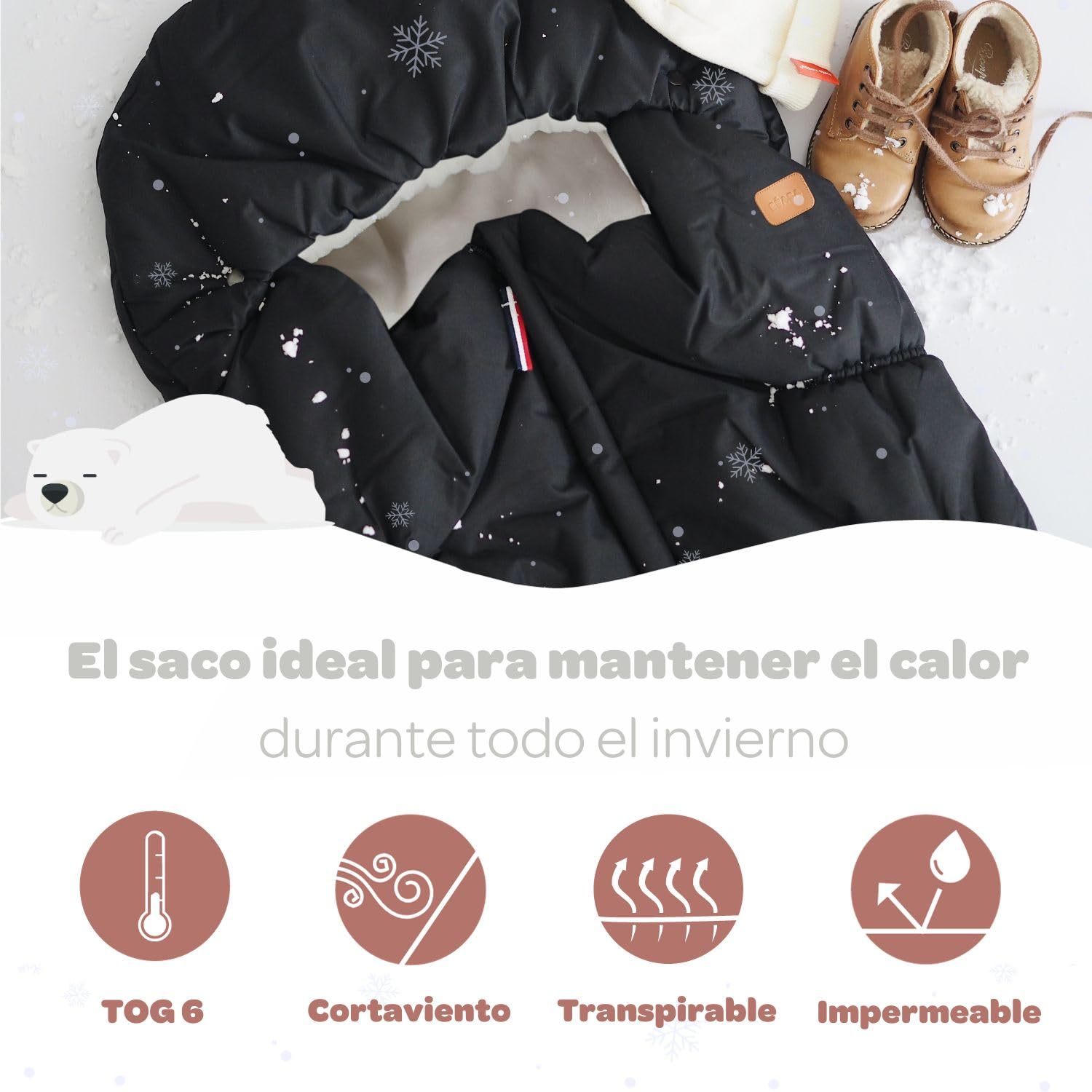 BÉABA, Saco para cochecito de bebé, 100% impermeable, cortaviento, doble forro polar ultra cálido, TOG 6, paso de arnés de 3 y 5 puntos, capucha que cubre, cierre de cremallera, 6-24 meses, negro