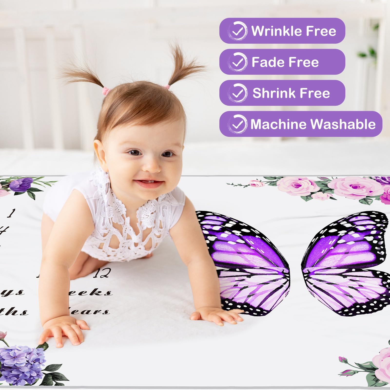 Chumia Manta mensual de hito para bebé niña de 59 x 39 pulgadas, manta floral de mariposa para fotos, manta de hito de la edad del bebé con 2 marcos de corona floral de fieltro