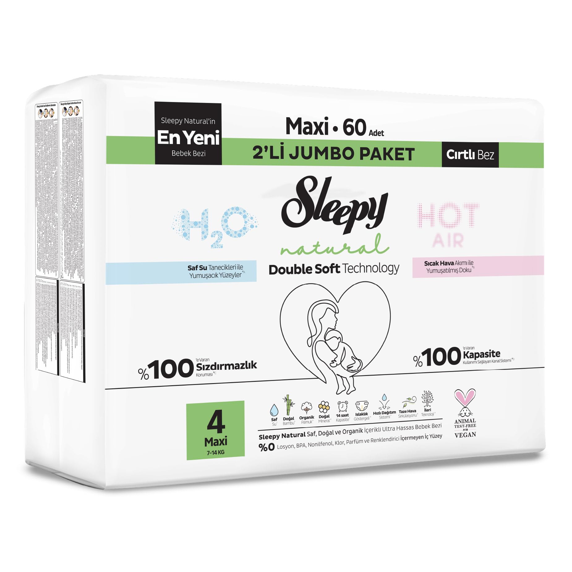 Sleepy Natural Double Soft Avantajlı Mega Paket Bebek Bezi 4 Numara Maxi 60 Adet