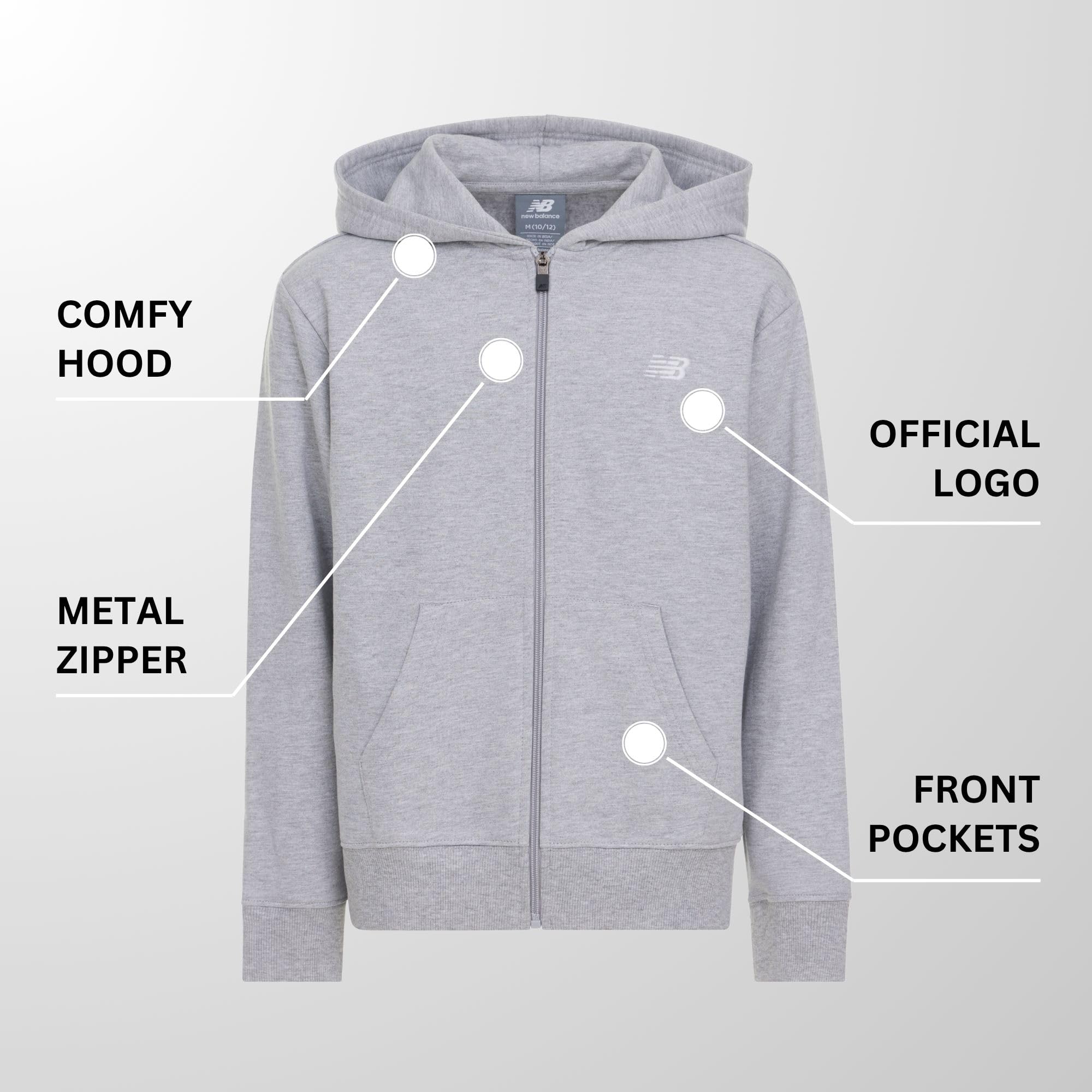 New Balance Felpa con cappuccio e zip intera per ragazzi, in pile misto cotone di alta qualità, con cappuccio foderato, vestibilità comoda