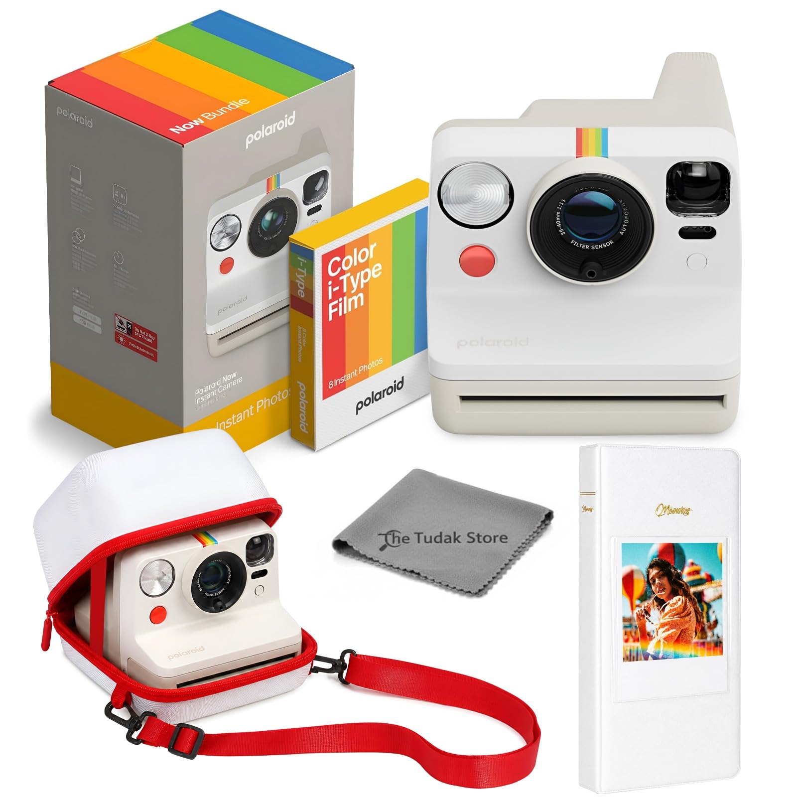 polaroid now 3rd generation i-type instant film camera, pebble white+ 8 color film photos + tudak accessories bundle, incl. compatible carrying case, 64-pocket photo album & microfiber cleaning cloth