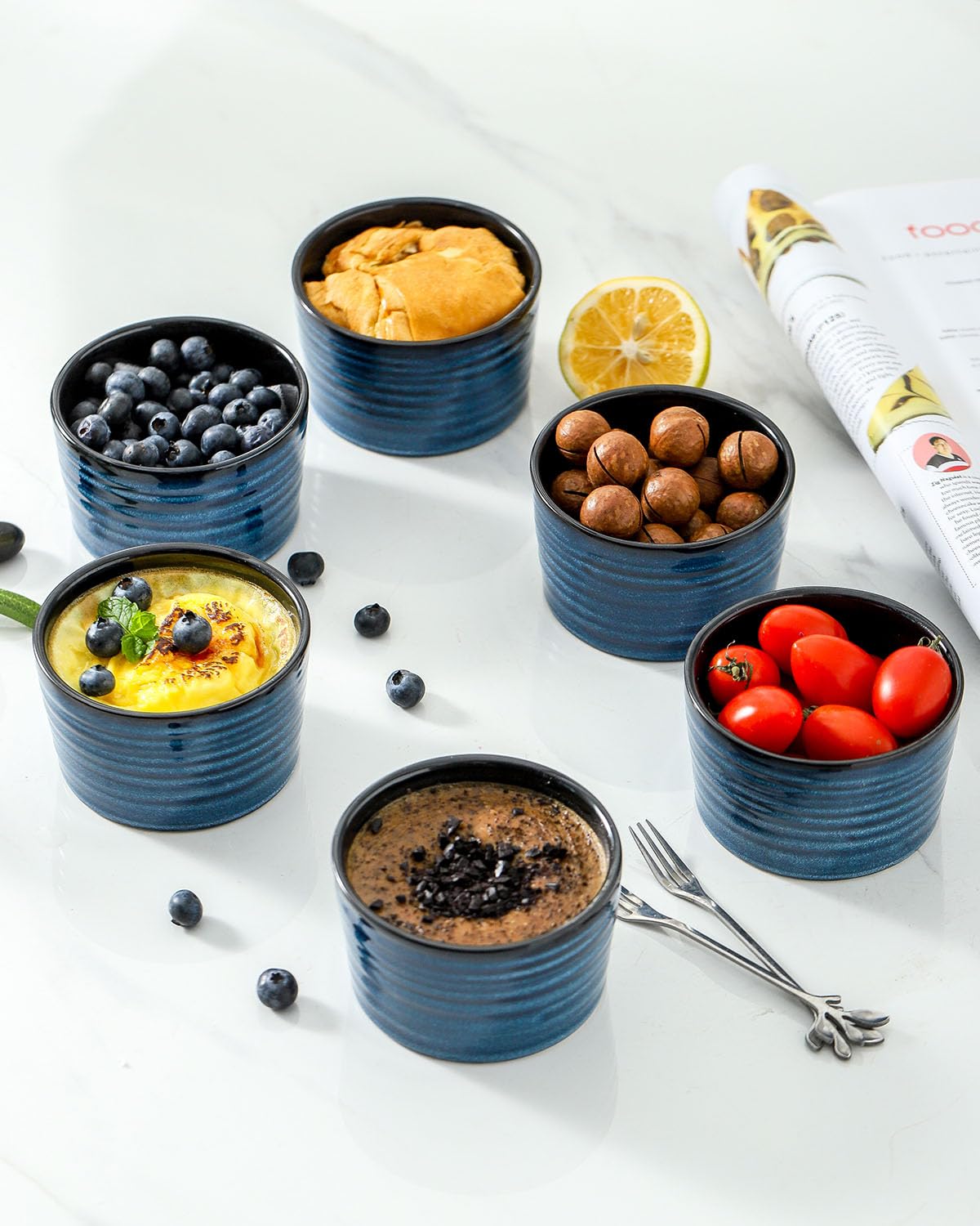 glowworm Ramequines de 8 onzas para soufflé de crema brulee, tazas de porcelana para hornear, cuencos de ramequines de estilo moderno aptos para horno, juego de 6, azul