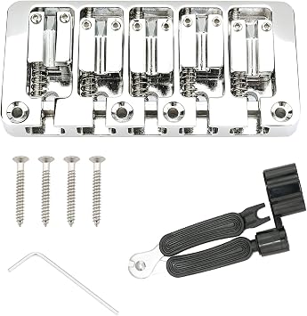 Swhmc 5 String Bass Guitar Bridge, Chrome Zinc Alloy Locking Saddles for Jazz & Precision Bass, Top Load or String-Thru Body Design