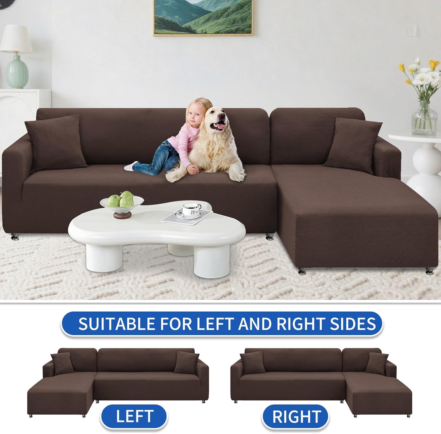 XINEAGE Sectional Couch Cover High Stretch L Shaped Sofa Cover 2 Pieces Non Slip Slipcover with Chaise Furniture Protector with 2 Pillowcases for Pets & Dogs (3 Seat Sofa + 3 Seat Chaise, Coffee)