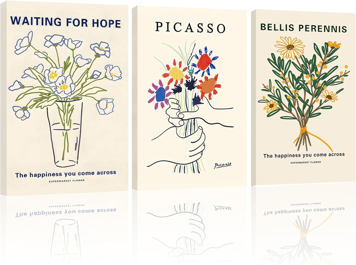 3Pcs Framed Picasso Flower Wall Art Daisy Canvas Prints Minimalist Line Botanical Posters Vintage Floral Market Pictures Painting for Living Room Bedroom Bathroom12x16Inch