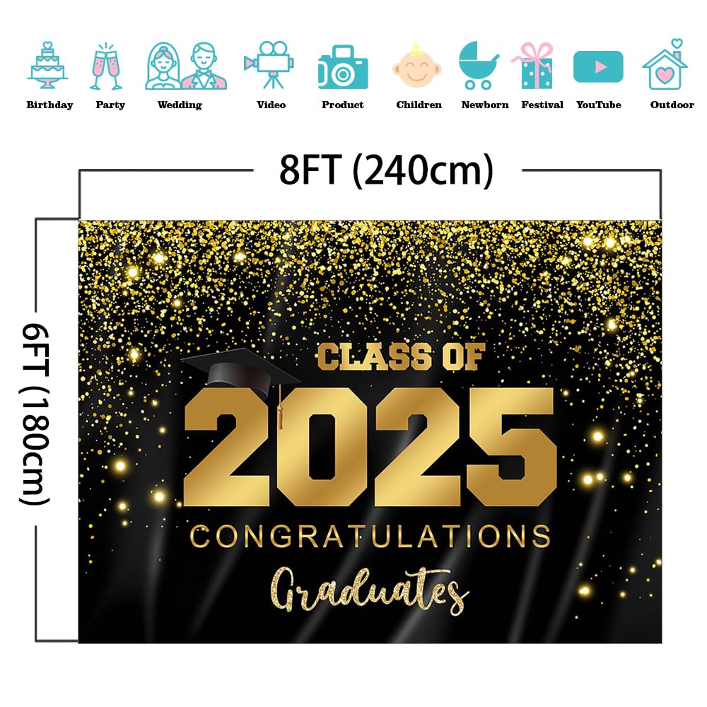 Class Of 2025 Graduation Backdrop - Black & Gold Glitter Photo Booth Background 10x7ft