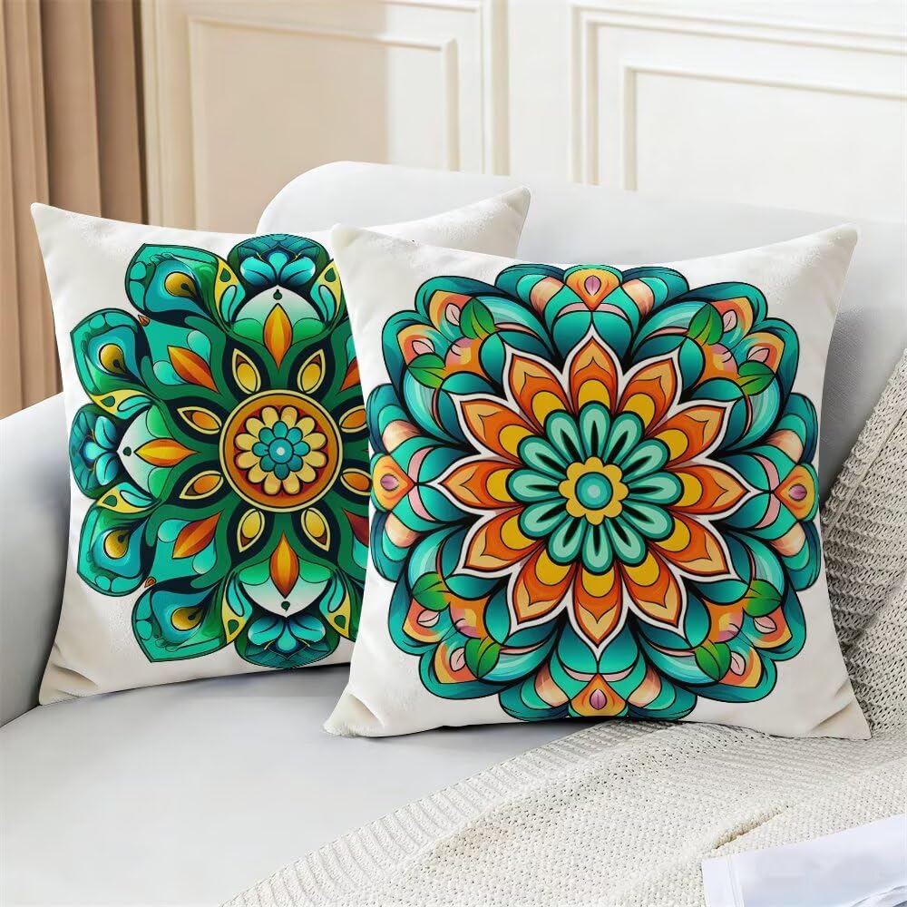 Federe Cuscini Divano 65x65 cm Federe Morbido Copricuscini Verde Smeraldo in Velluto, 2 Pezzi Copri Cuscini per Divano Boho Decorativi Federa Cuscino Mandala per Camera da Letto Soggiorno (IU7)
