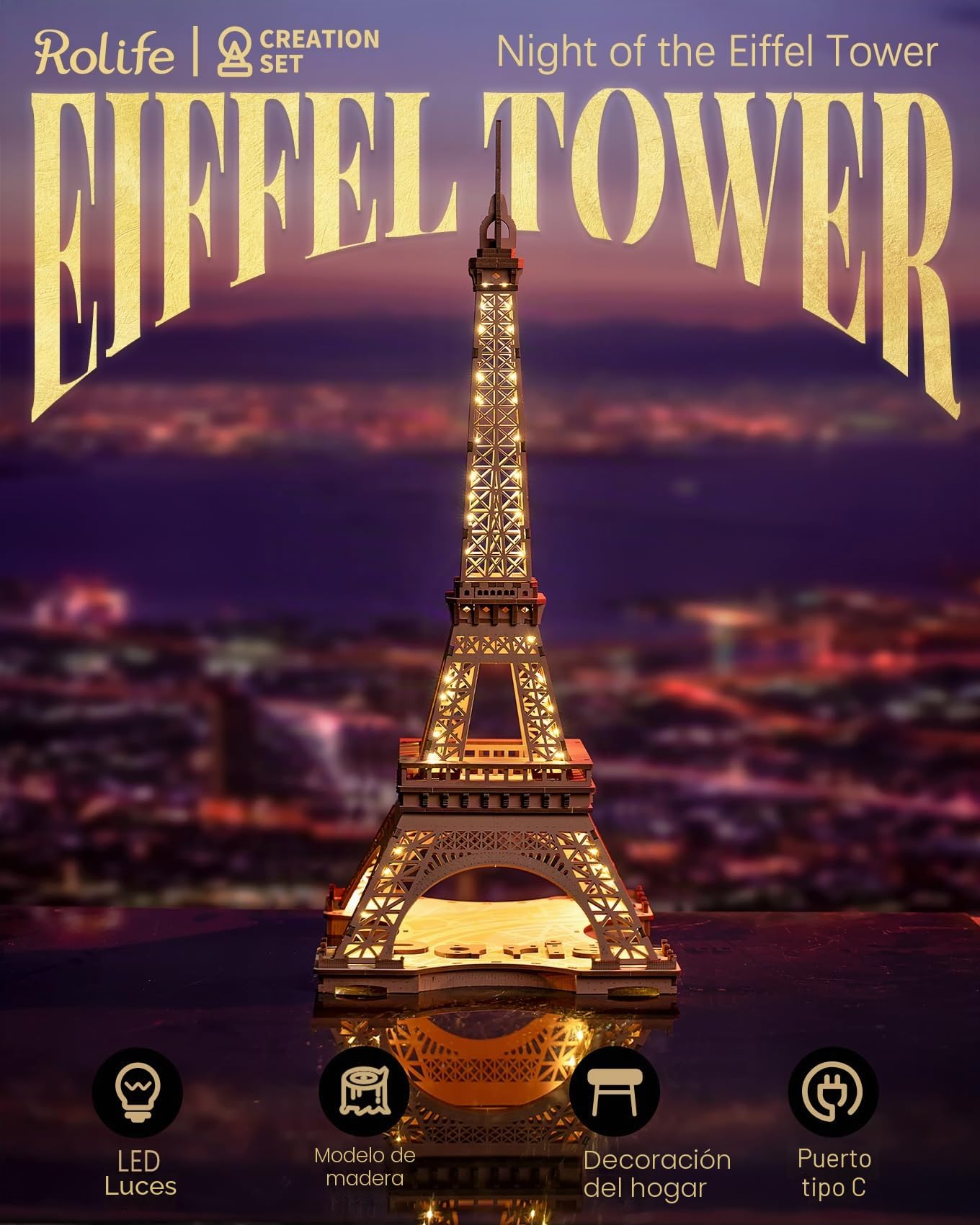 Rolife Torre Eiffel Con Luz Modelo Kits-Puzzle 3D Maquetas para Construir Montar Adultos -Arquitectura Kits de Construcción(TGL01)