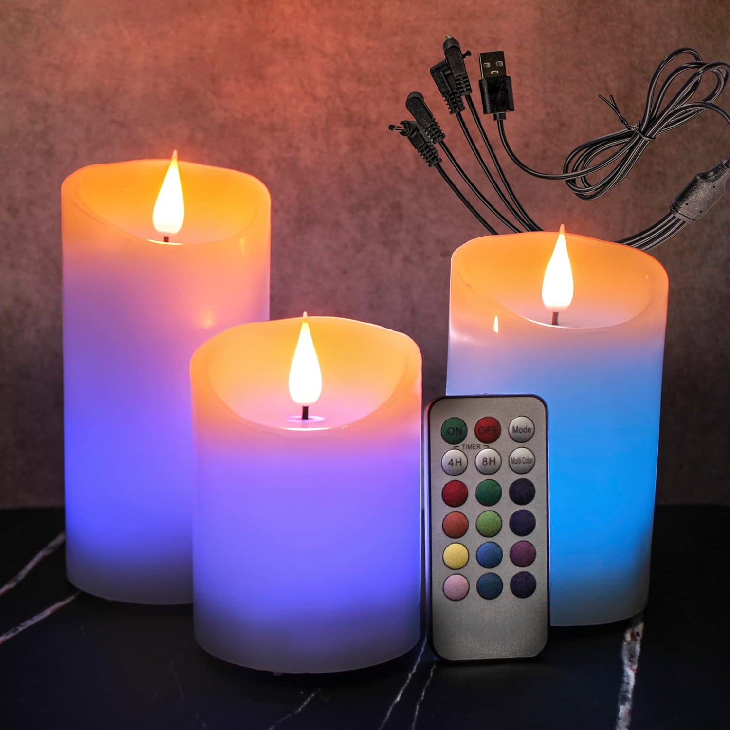 LEDHOLYT Flameless Candle RGB Set, Flickering LED Pillar with Remote Control and