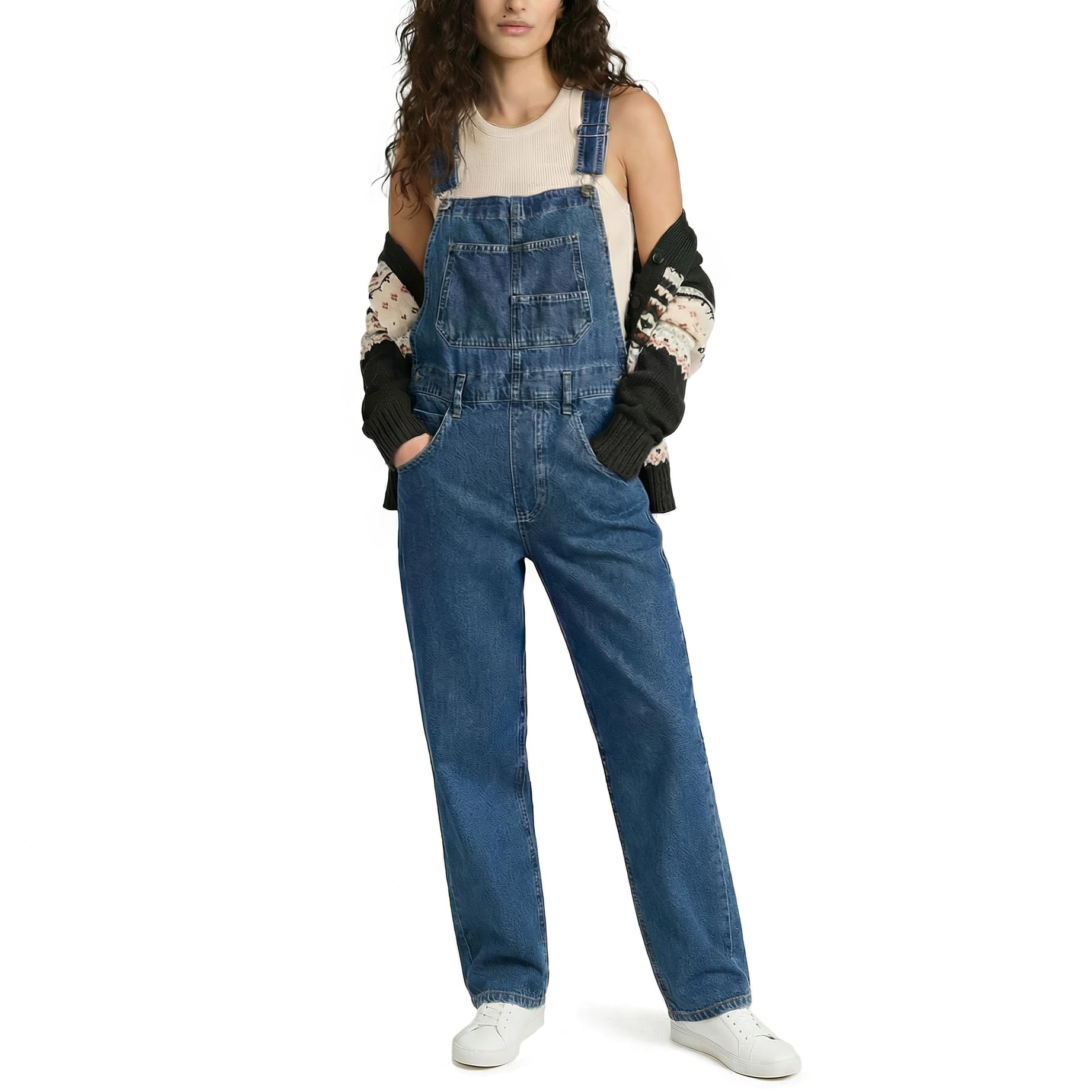 Salopette Donna Jeans in Denim Oversize, Pantaloni Lunghi con Spalline Regolabili e Tasche, Tinta Unita, Stile Casual per Tempo Libero e Lavoro