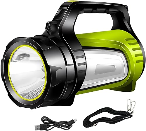 Foco recargable, foco LED de mano con 1200 lúmenes, banco de energía, linterna impermeable IP65 con correas para durante huracán, emergencia,