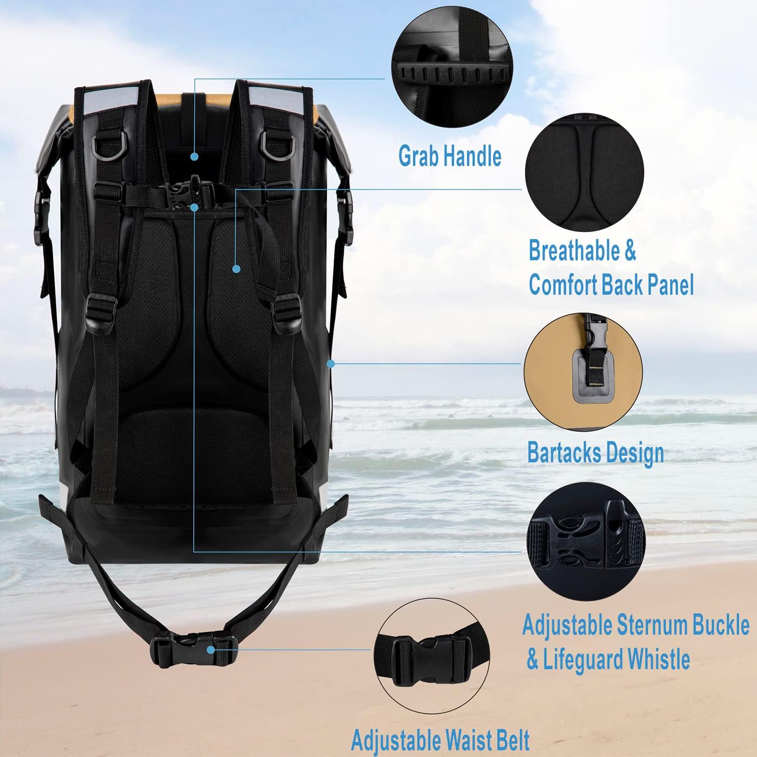 Waterproof Backpack Waterproof Bag Dry Bags 30L Roll Top Closure Travel Bags For Kayaking Camping Boating Hiking Beach (Khaki)
