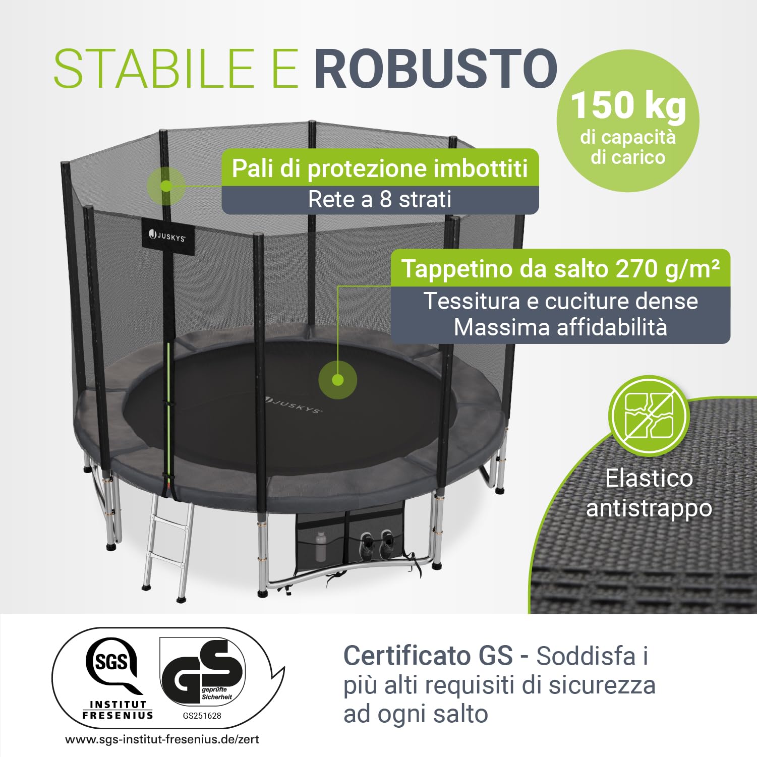 Juskys Trampolino JumpMaster – Ø 183/244/305/366 cm trampolino da giardino esterno con rete di sicurezza, scaletta PowerSpring Molla