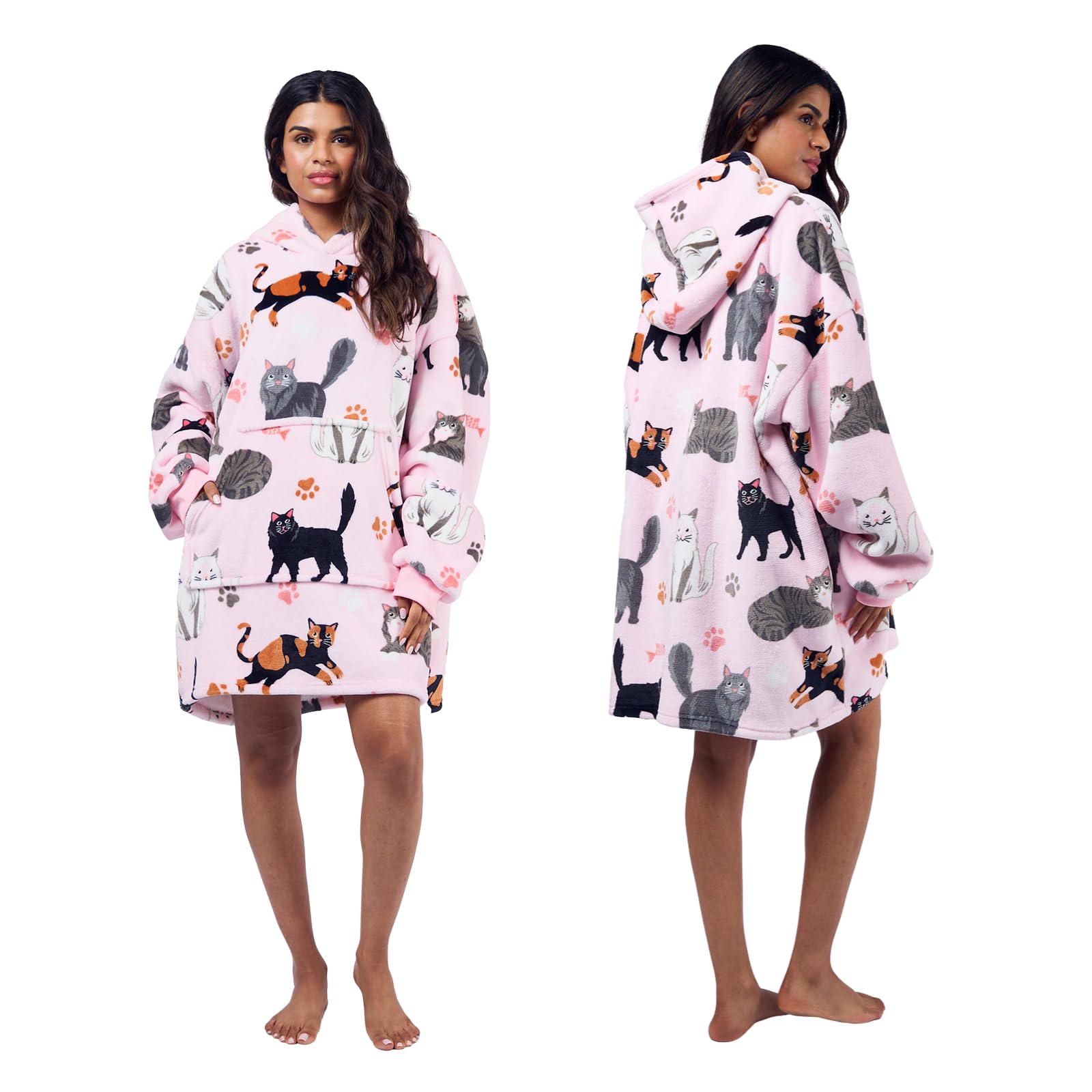OHS Oversized Hoodie Blanket, Ultra Soft Warm Fleece Wearable Blankets with Large Pocket Cat Print Hooded Blanket For Women Teens Loungewear Gift for Cat Lovers, One Size - Blush Pink โ image 1