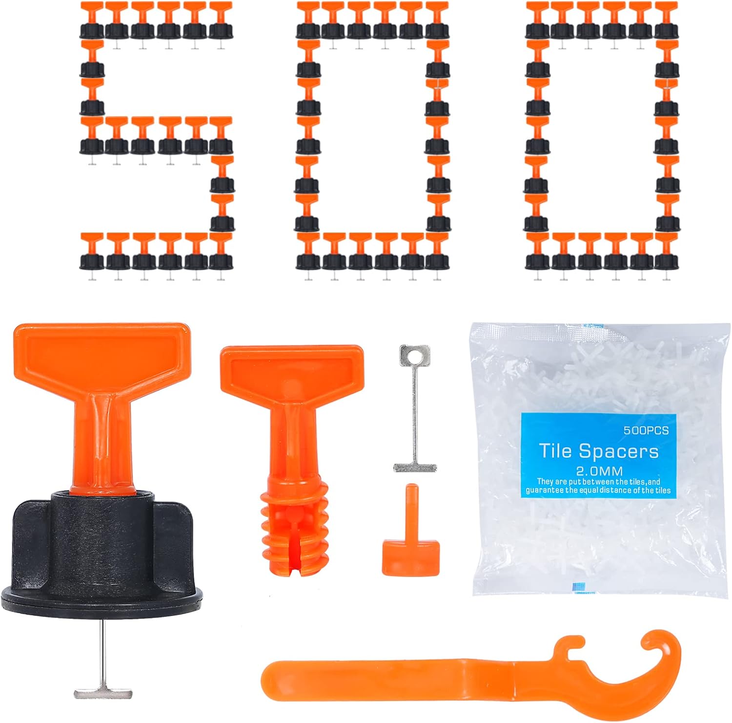 500pcs Tile Leveler Spacers and 2000PCS 2mm Tile Spacer, Reusable Tile Leveling System 1/16 Kit with 10pcs Special Wrench and 50pcs Steel Pins,Tile Installation for Building Walls & Floors(1/12IN 500)