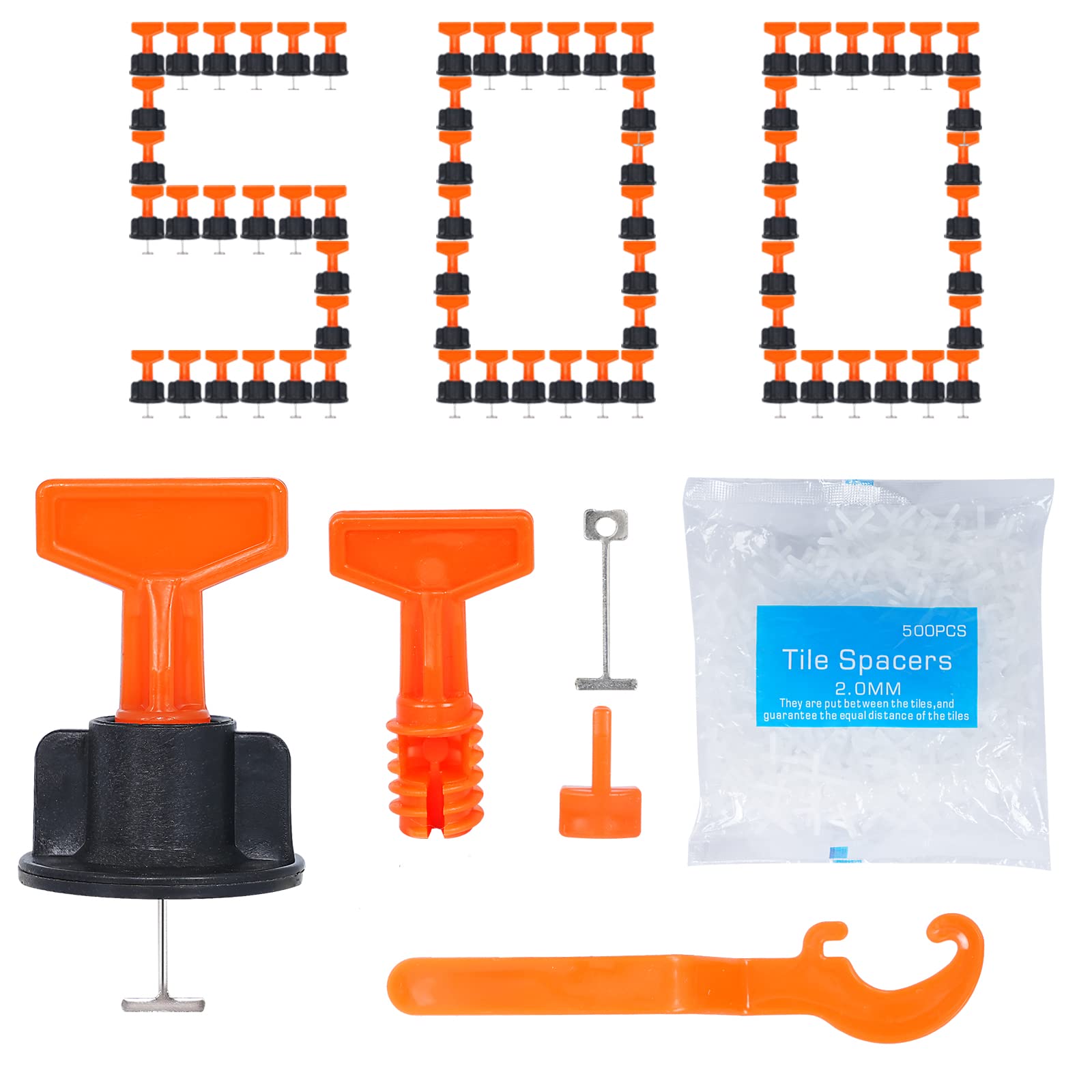 500 Stück Fliesen-Nivellier-Abstandshalter und 2000 Stück 2 mm Fliesen-Nivelliersystem 1/16 Kit mit 10 Spezialschlüssel und 50 Stahlstiften, Fliesen-Montagewerkzeug-Set für Bauwände und Böden (500)